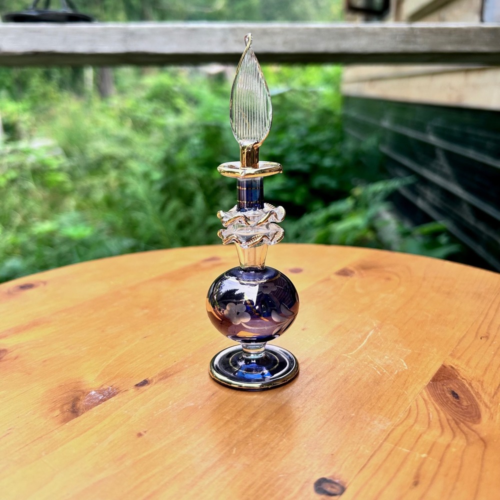 Vintage Perfume Bottle Amethyst Purple Glass Gold Trim Flame Stopper Handcrafted